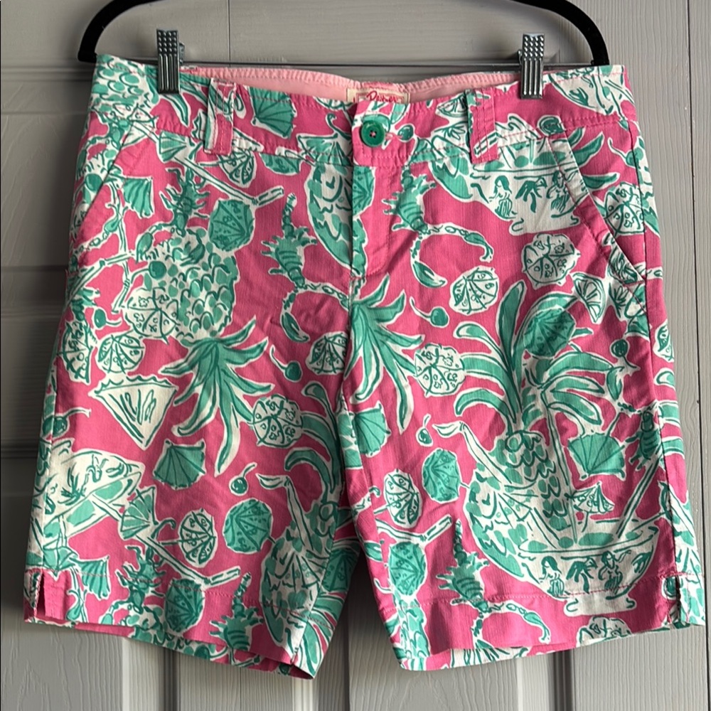 Lilly Pulitzer Pink and Green Bermuda Shorts Vibrant Tropical Print 8